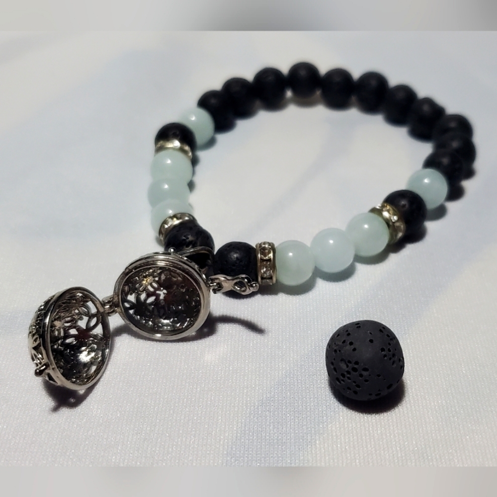 Elegant Silver and Black Beaded Aromatherapy Bracelet Lava Rock